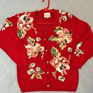 Susan Bristol Vintage Floral Cardigan, Red, Petite Size Small